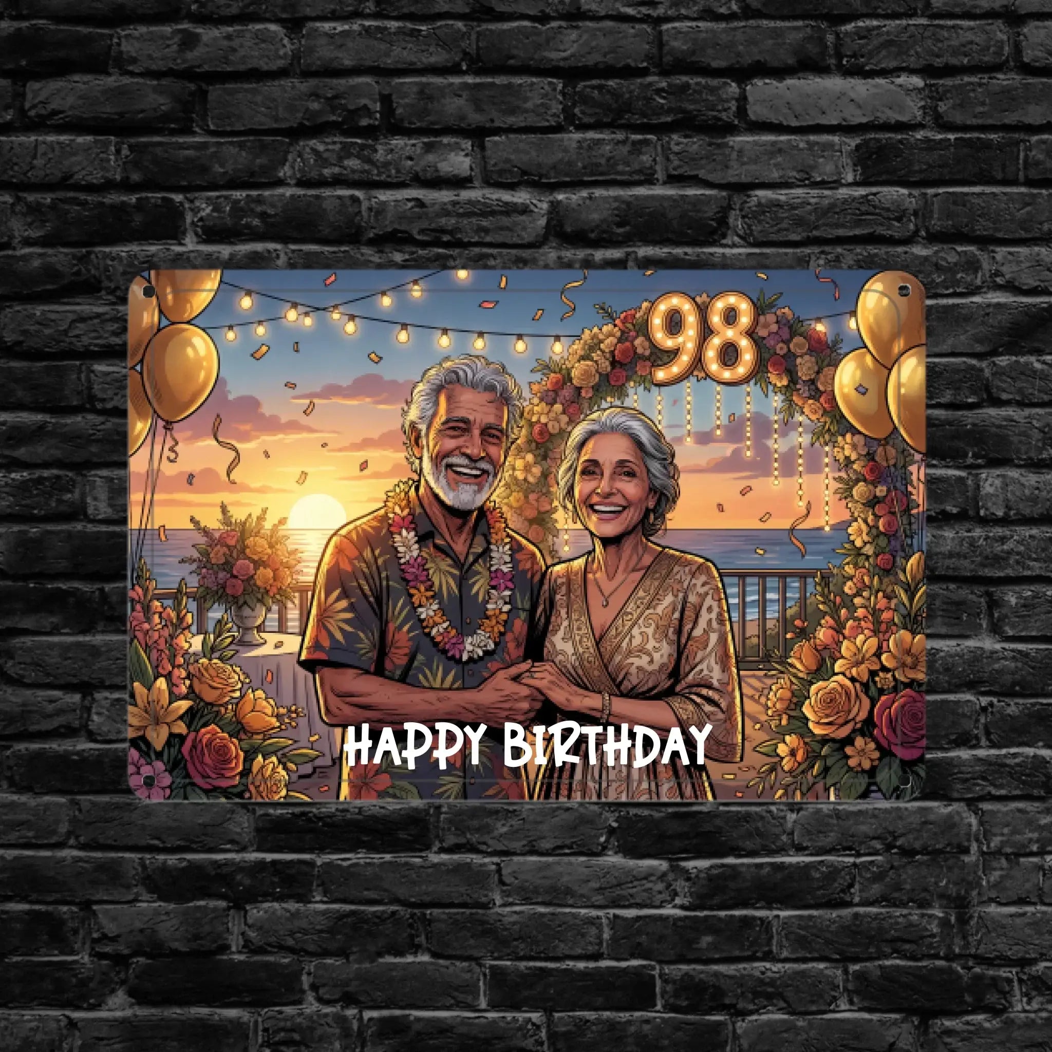 Ein buntes personalisiertes metallblechschild mit illustration eines älteren paars zum 98 geburtstag mit luftballons und blumen