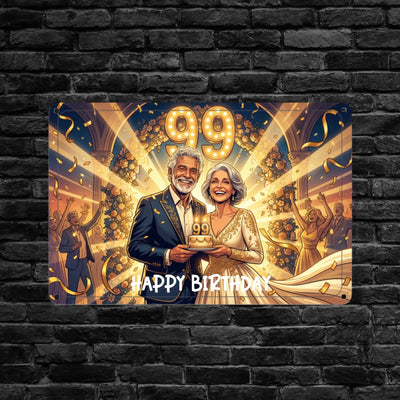 Foto-blechschild 99 geburtstag mit bunter illustration älteres paar hält kuchen auf dunkler metalltafel