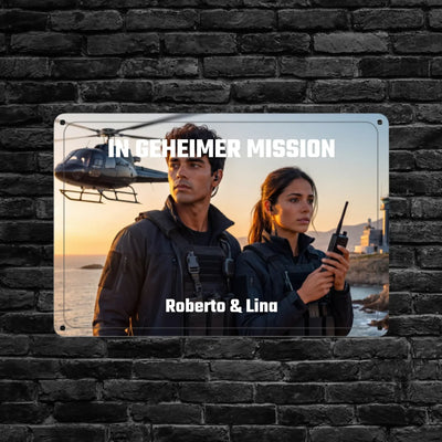 Rechteckiges metall-blechschild mit einem bild von zwei schauspielern in taktischer ausrüstung und helikopter personalisiertes fotogeschenk mit ki-effekt von roberto und lina