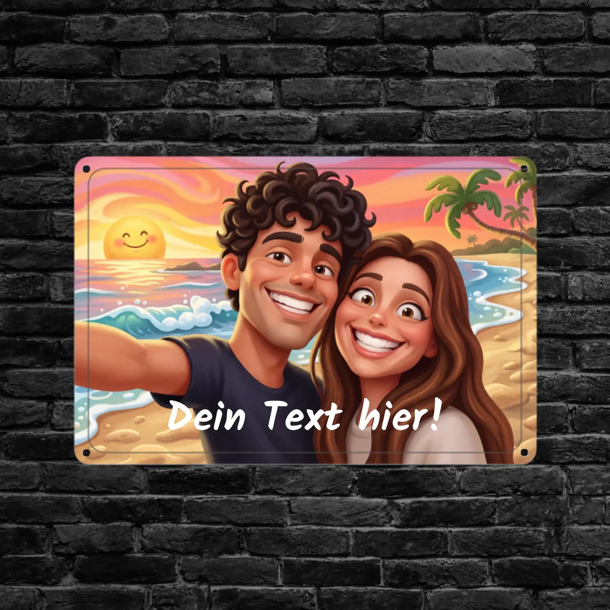 Rechteckiges metallblechschild mit bunt cartoonillustration von lachendem paar am strand palm und sonnenuntergang