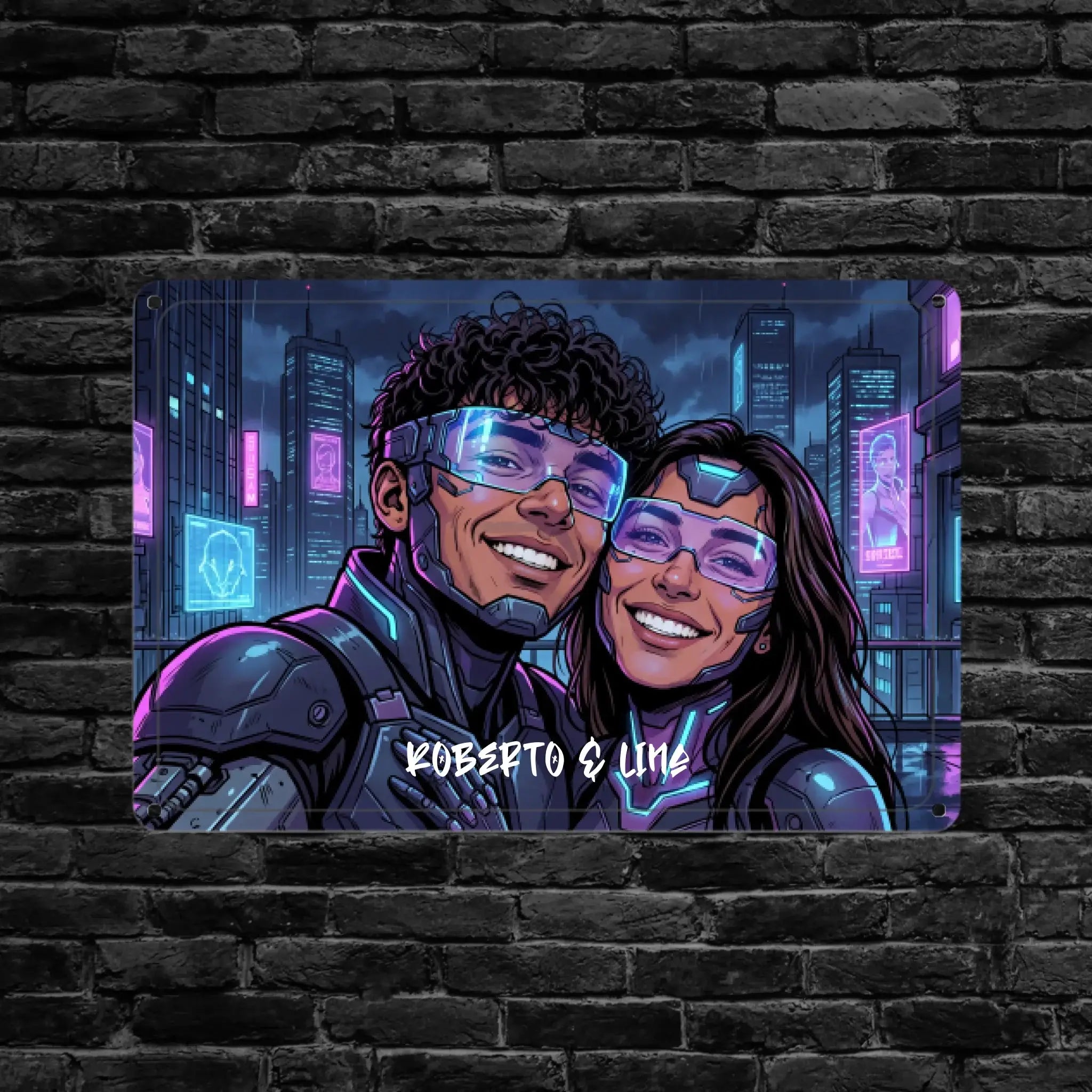 Ein rechteckiges transparentes acryl-plaqueschild mit neon cyberpunk illustration zweier lächelnder charaktere