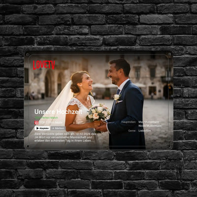 Transparentes acrylplakett mit bild von lachendem brautpaar aus lovetv film unsere hochzeit personalisiertes fotogeschenk