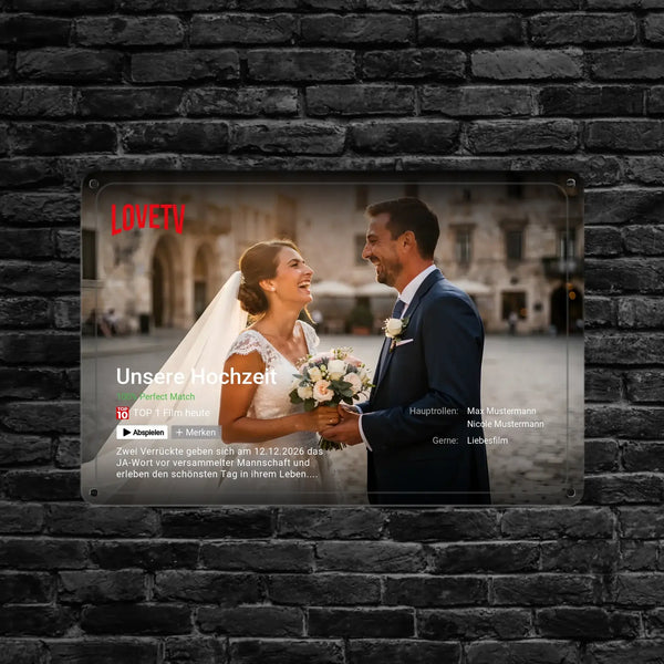Transparentes acrylplakett mit bild von lachendem brautpaar aus lovetv film unsere hochzeit personalisiertes fotogeschenk
