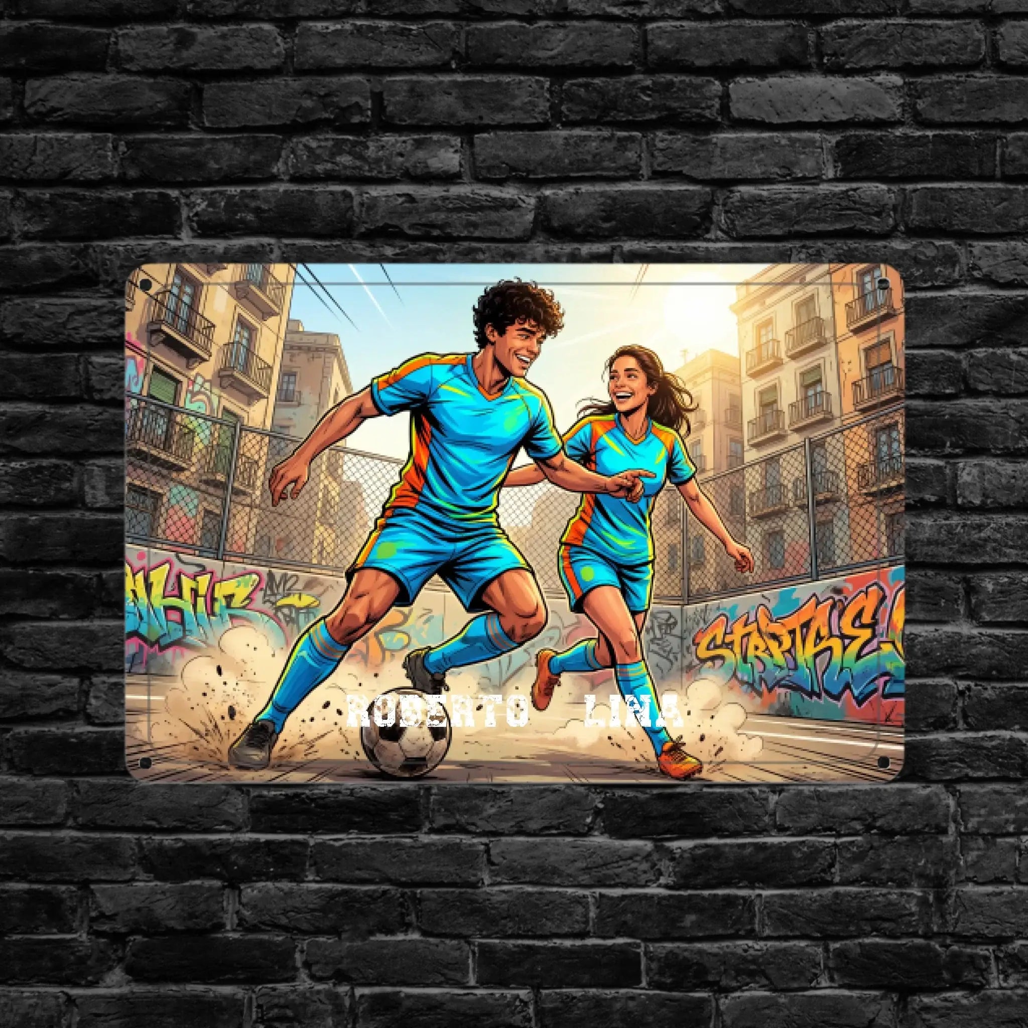 Vibrantes foto-blechschild mit zwei fußballspielern in blau und orange vor graffiti auf metall in street style