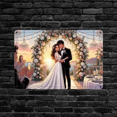 Rechteckiges metall-blechschild mit bunter illustration eines paars unter floralem bogen und text a dream wedding