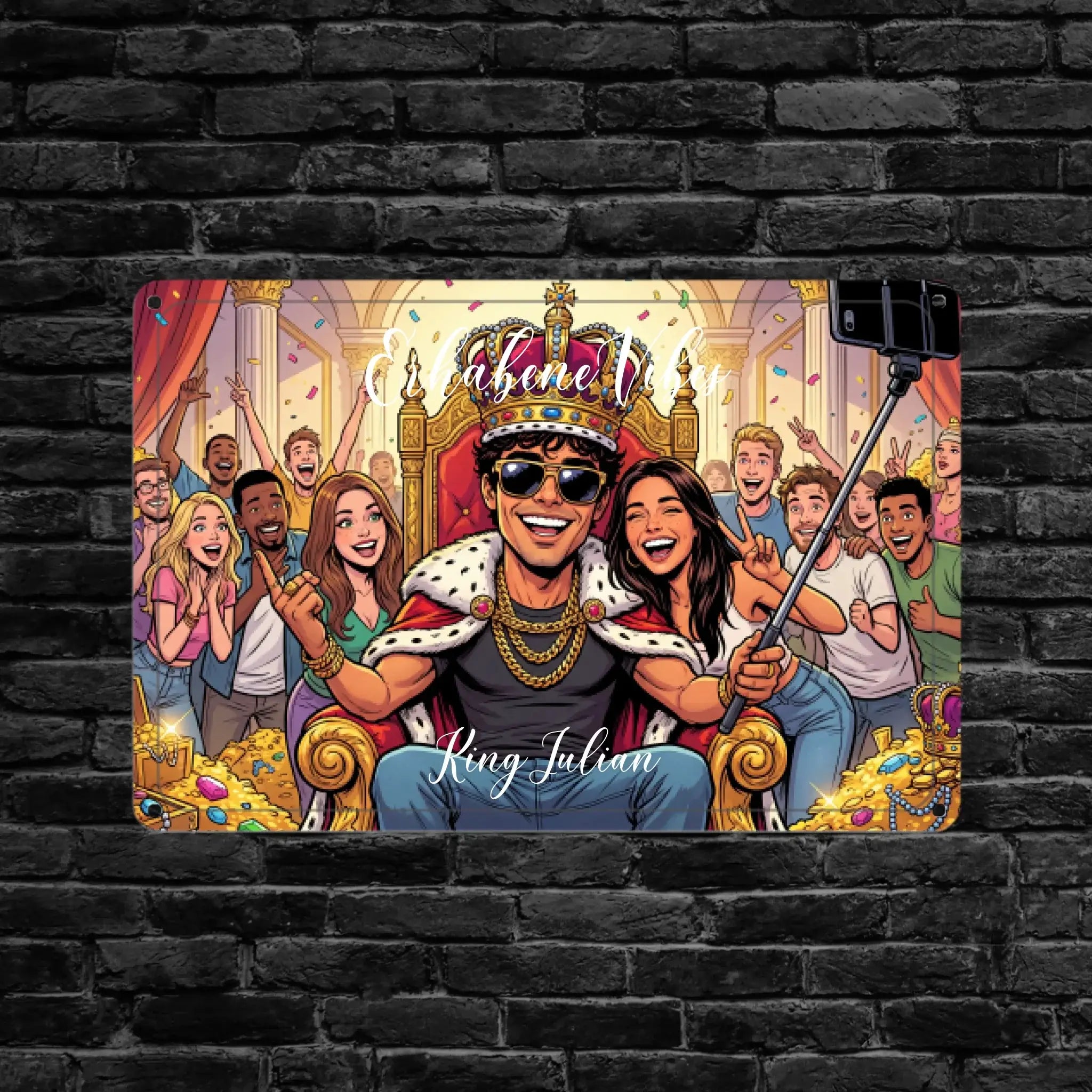 Personalisierte tablet hülle foto-blechschild könig mit cartoon krone und sonnenbrille in bunten farben