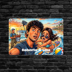 Personalisierte rechteckige metallplatte mit bunter cartoonillustration von couple am strand und roberto & lina unten