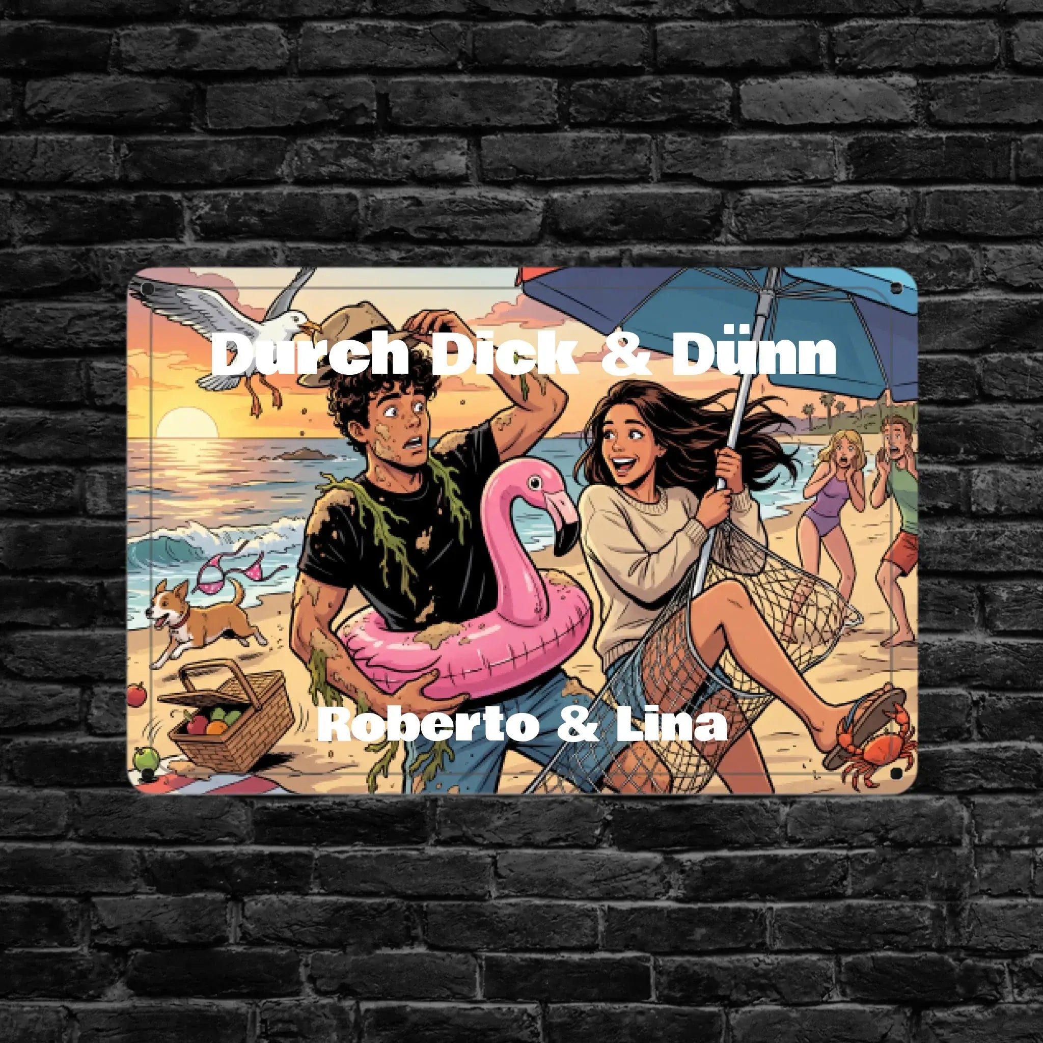 Personalisierte rechteckige metallplatte mit buntem strandmotiv und text durch dick & dünn roberto & lina