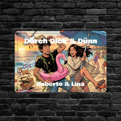 Personalisierte rechteckige metallplatte mit buntem strandmotiv und text durch dick & dünn roberto & lina