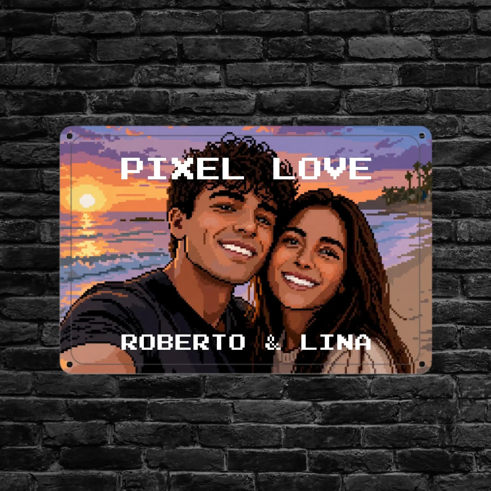 Rechteckiges metall-blechschild mit pixelart-portrait von roberto und lina vor sonnenuntergang am strand pixel love