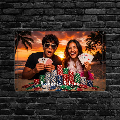 Rechteckiges metall-blechschild mit buntem beach poker motiv und den namen roberta & lina personalisiertes fotogeschenk