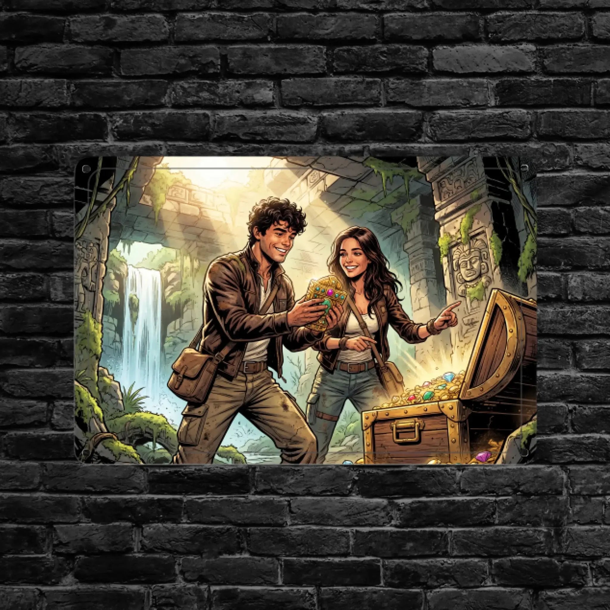 Vibrantes foto-blechschild mit indiana jones und marion ravenwood entdecken schatztruhe im dschungel tempel