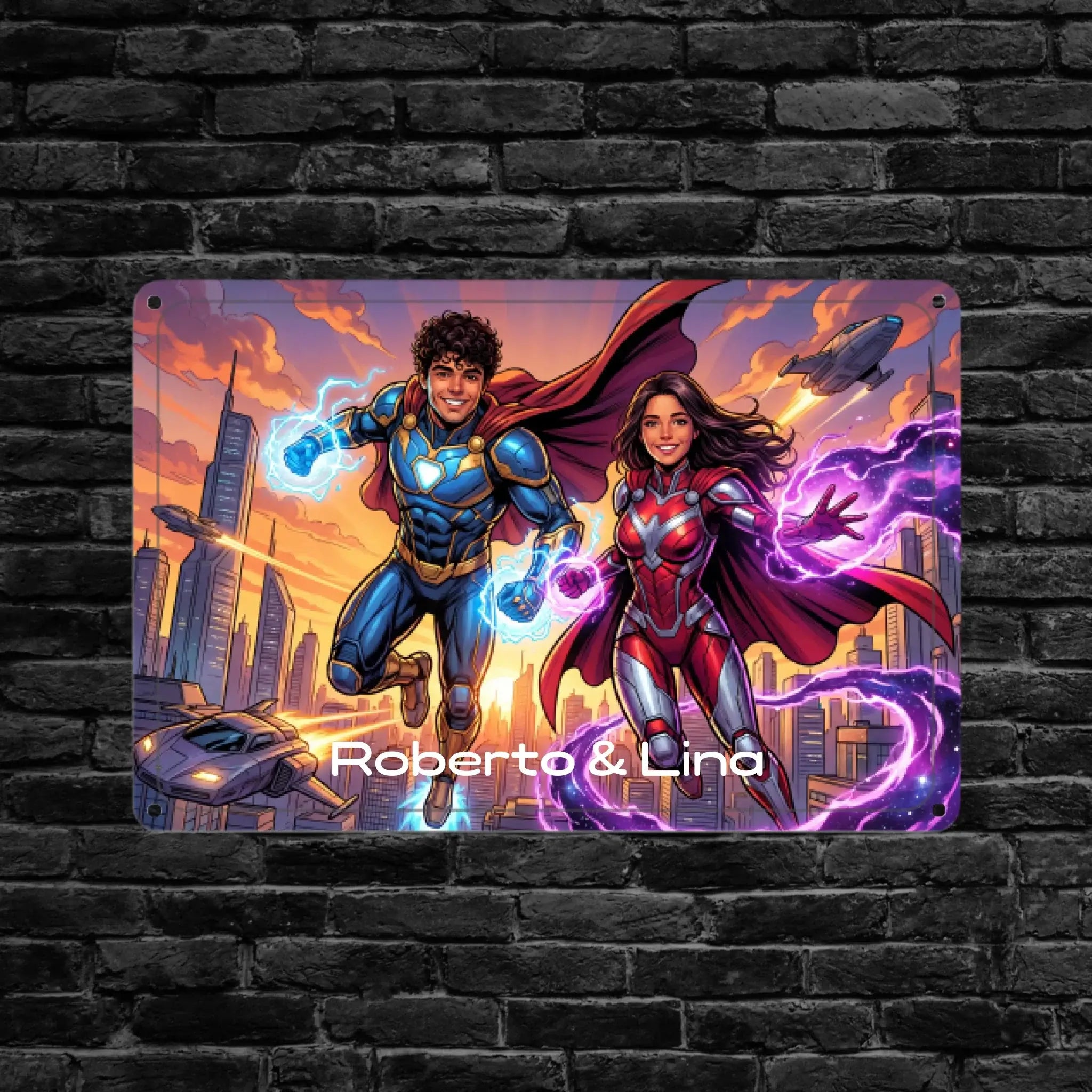 Custom metal plaque with vibrant superhero illustration and personalized names roberto & lina in cityscape design
