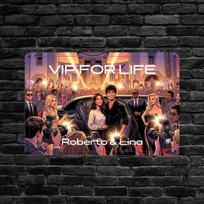 Vip for life rechteckiges metallblechschild mit bunter roboto und lina cartoonillustration bei glamourösem event