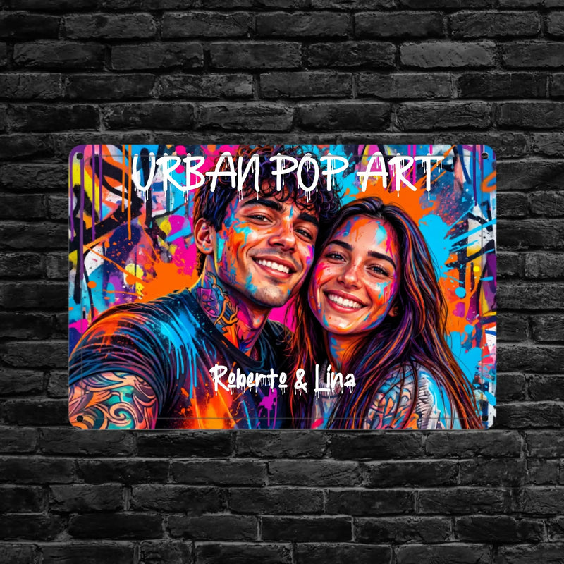 Vibrantes urban pop art metallplaque mit buntem spray-portrait zweier lachender tätowierter personen