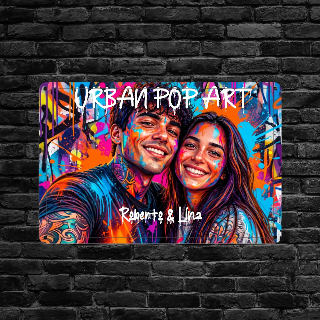 Foto-blechschild urban pop art mit buntem spray-gemälde von lächelnden tätowierten personen und farbspritzern
