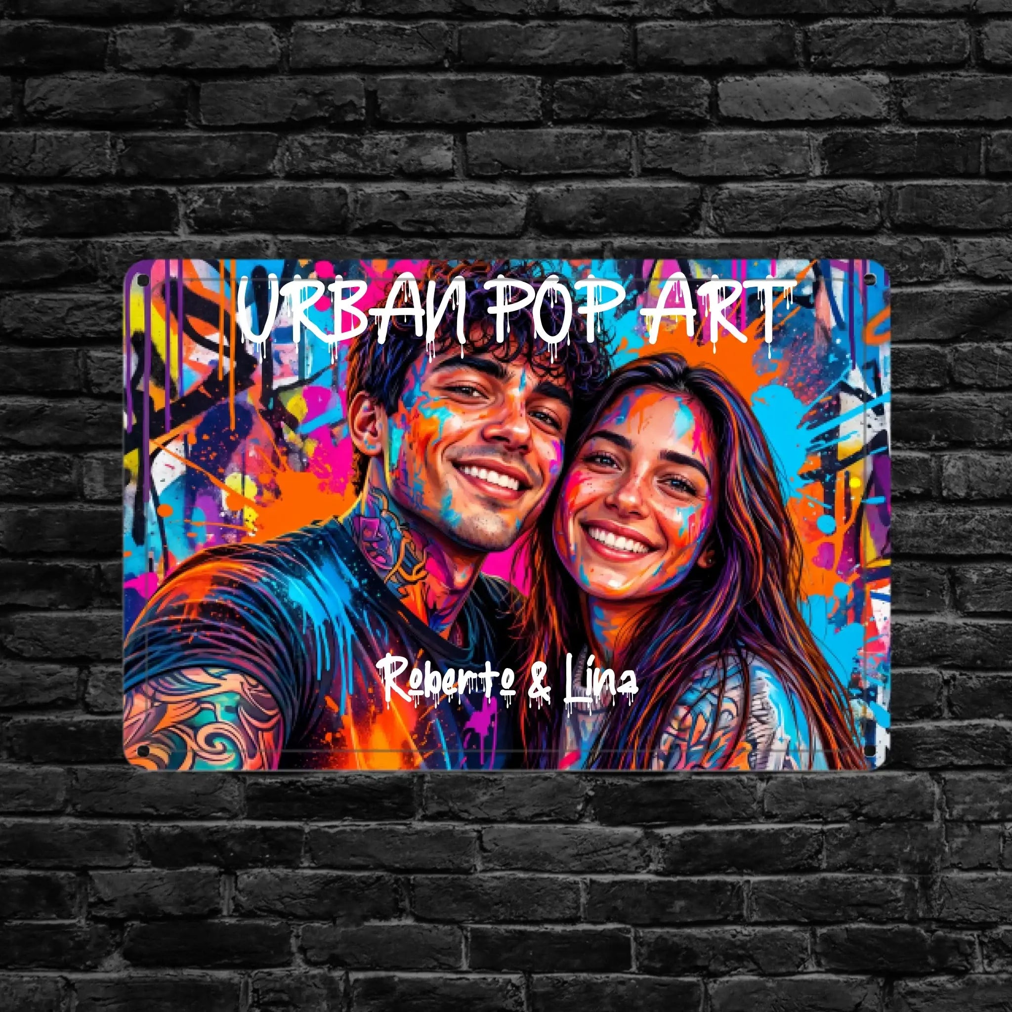 Foto-blechschild urban pop art mit buntem spray-gemälde von lächelnden tätowierten personen und farbspritzern