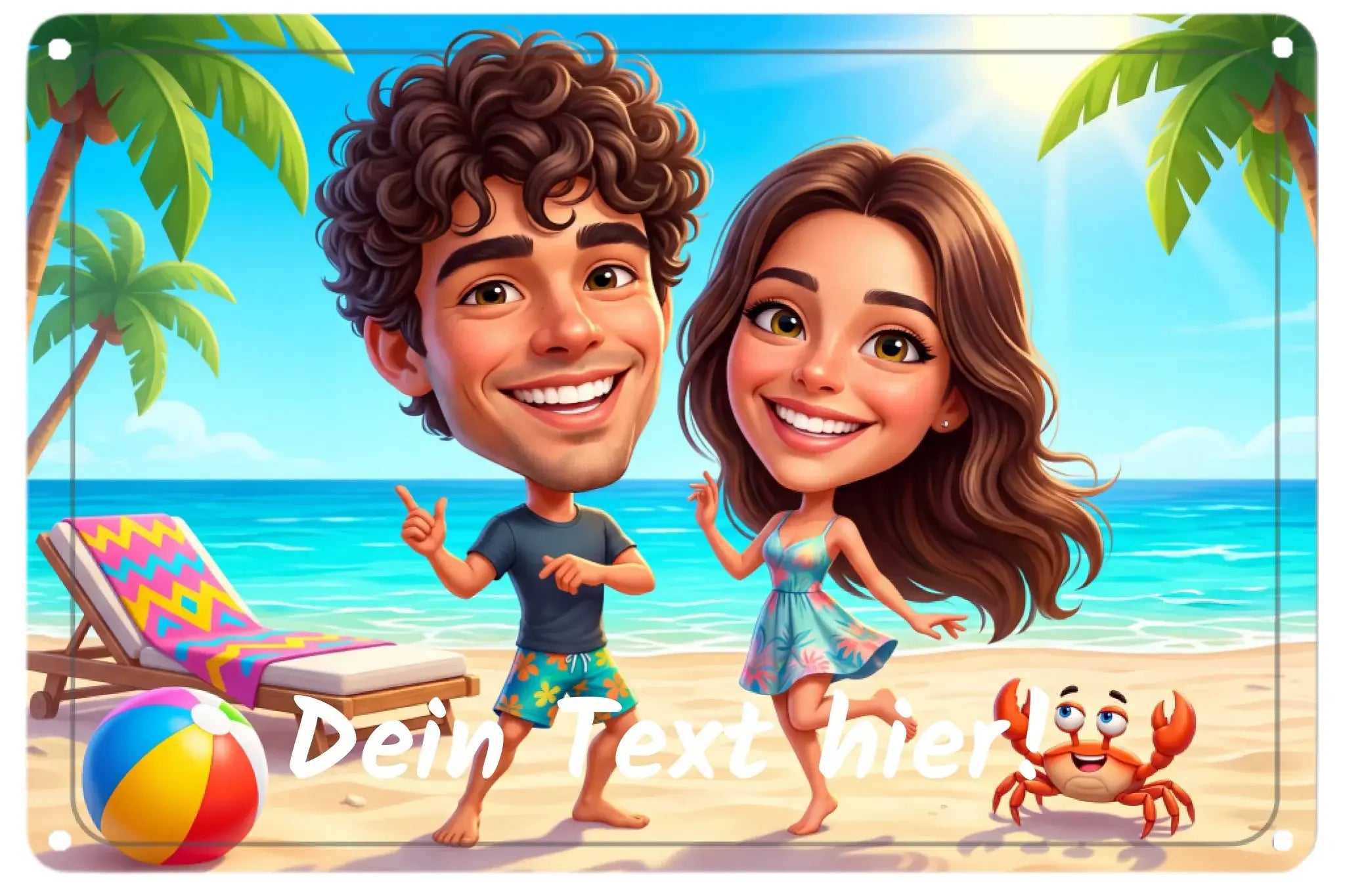 Cartoon beach metal plaque with smiling couple palm trees and crab personalized for couples in 3d design