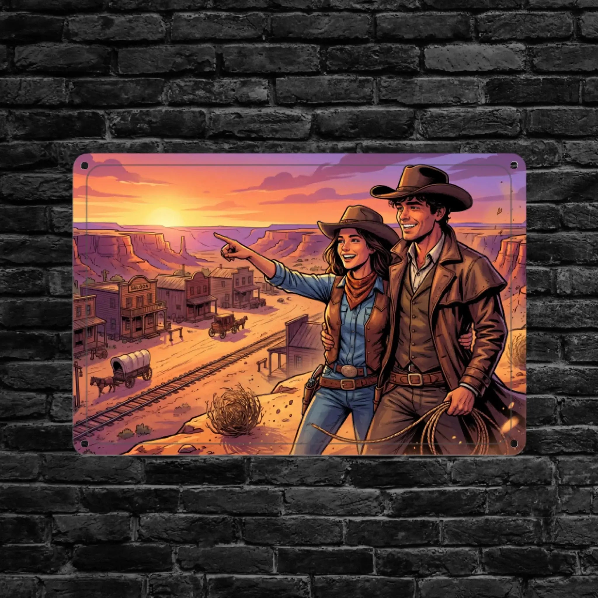 Rechteckiges metall blechschild mit buntem wilder westen design und cowboy cowgirl vor sonnenuntergang