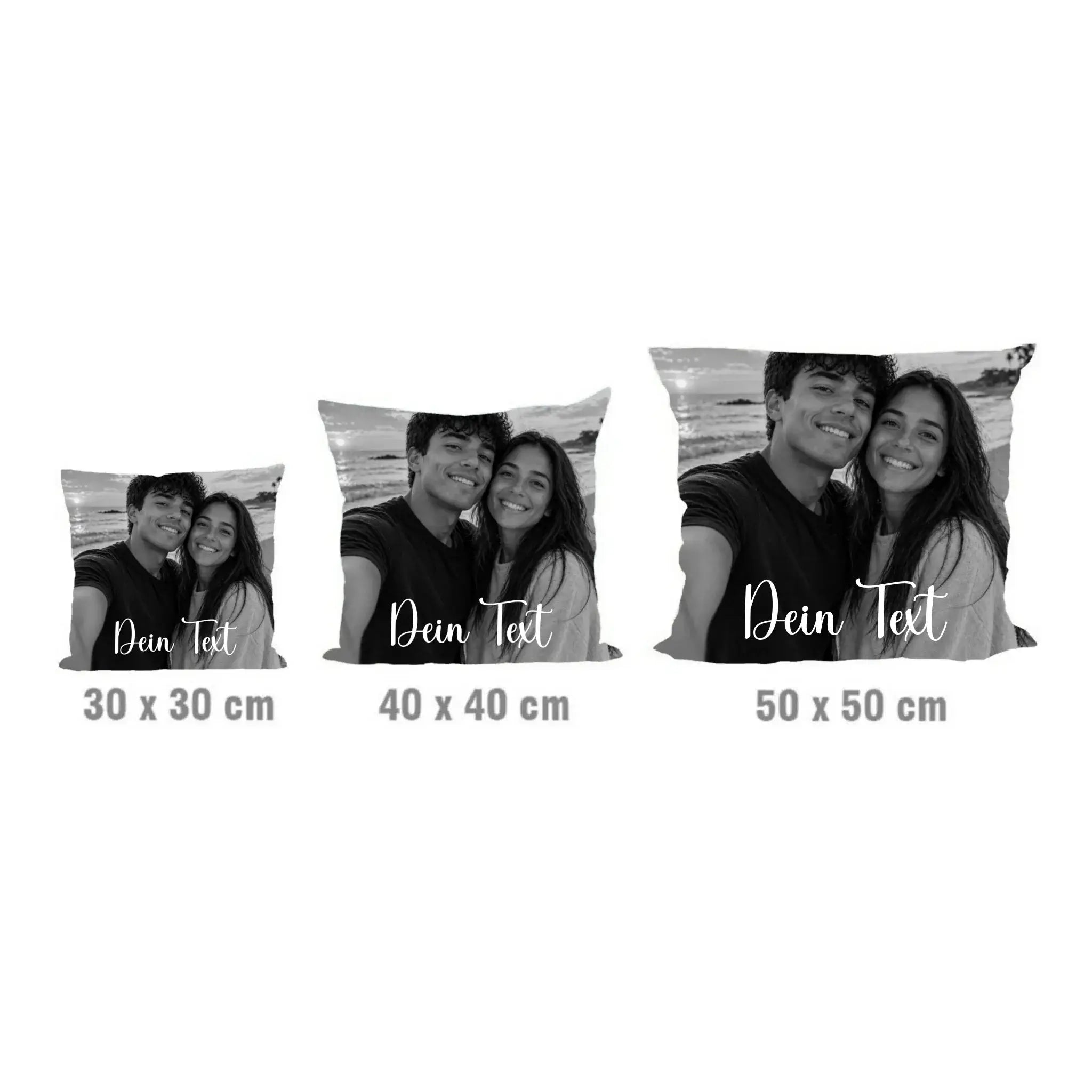 Drei schwarze und weiße foto-kissen in 30x30, 40x40 und 50x50 cm mit beidseitigem paare selfie-druck und ki-effekten