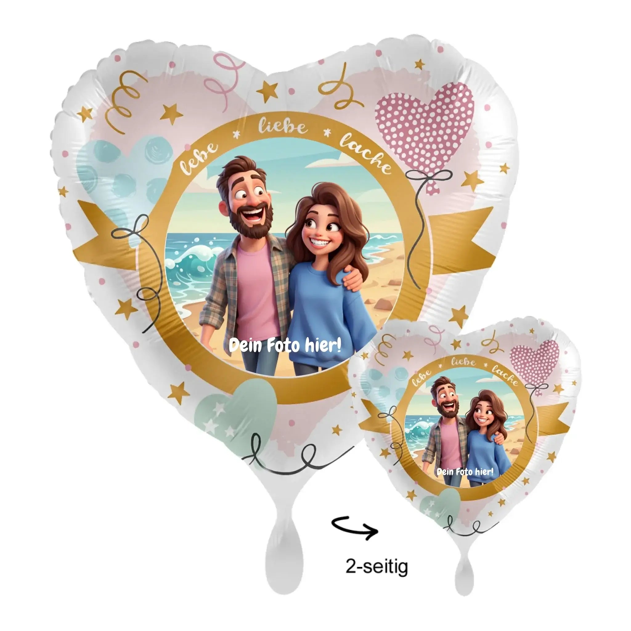 Herzförmiger zweiseitiger foto-luftballon mit goldakzenten und pastellrosa punkten personalisierbar 43cm