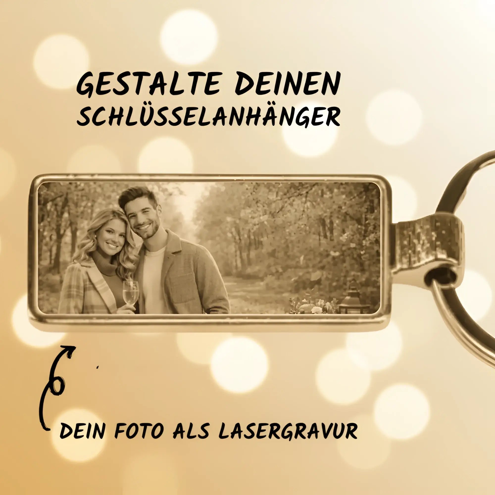 Rechteckiger metall-foto-schlüsselanhänger mit sepia lasergravur eines lächelnden paares im outdoor-motiv