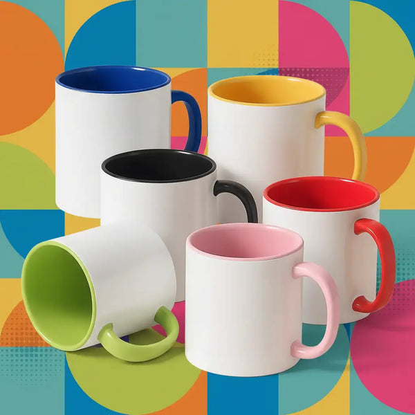 Ein Set aus sechs Keramikbechern mit weißen Außenseiten und farbigen Innenseiten in Blau, Gelb, Schwarz, Rot, Pink und Grün.