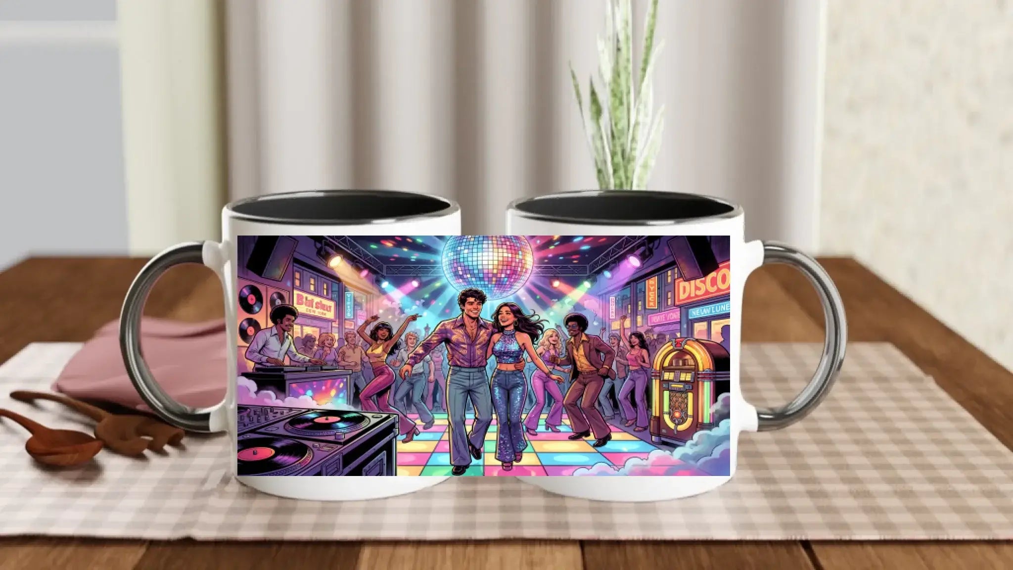Weiße keramiktasse mit schwarzem innenraum und metallgriffen, retro disco szene als personalisiertes fotogeschenk