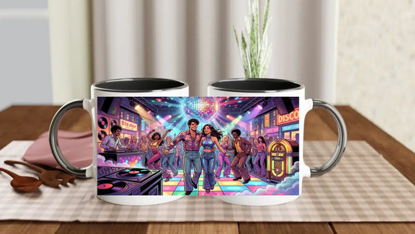 Weiße keramiktasse mit schwarzem innenraum und metallgriffen, retro disco szene als personalisiertes fotogeschenk