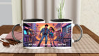 Weiße keramikfoto-tasse mit schwarzem innenraum und silbernem rand mit neon 90er arcade illustration personalisiert spülmaschinenfest