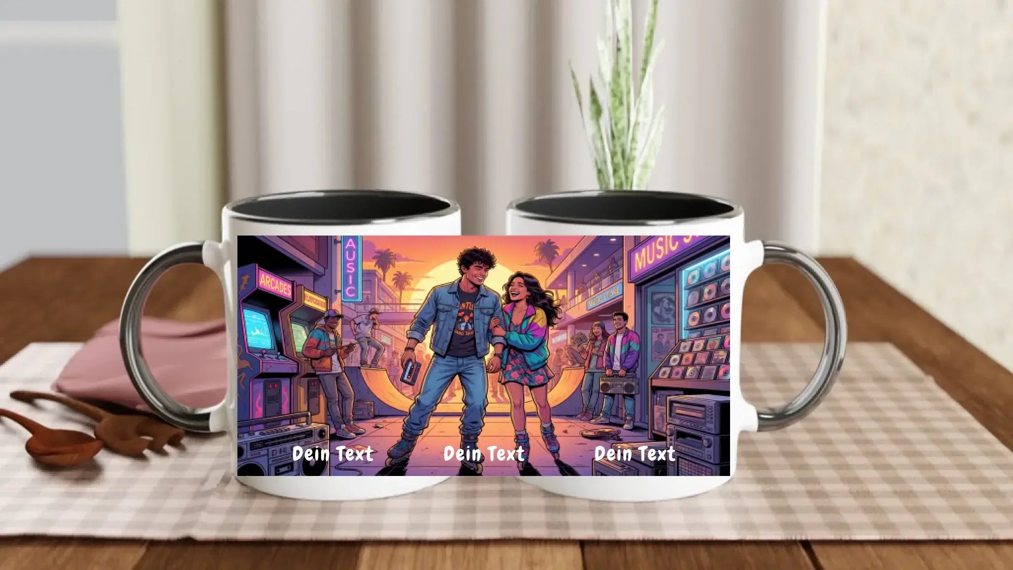 Weiße keramikfoto-tasse mit schwarzem innenraum und silbernem rand mit neon 90er arcade illustration personalisiert spülmaschinenfest