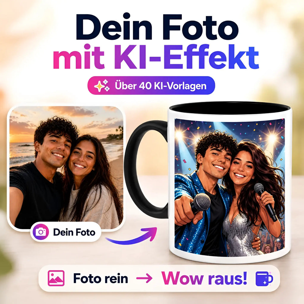 Weiße keramikfoto-tasse mit schwarzem griff und buntem ki-effekt bild von zwei menschen mit mikrofonen auf der bühne