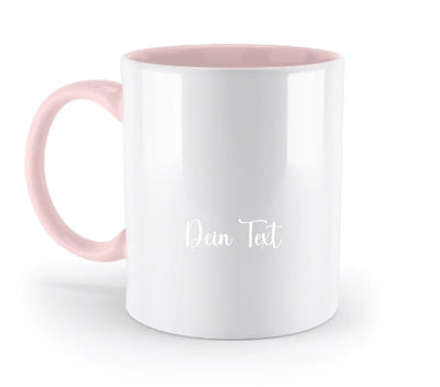 Weiße keramikfoto-tasse mit pinkem griff und innenraum personalisiert mit dein text in eleganter schrift