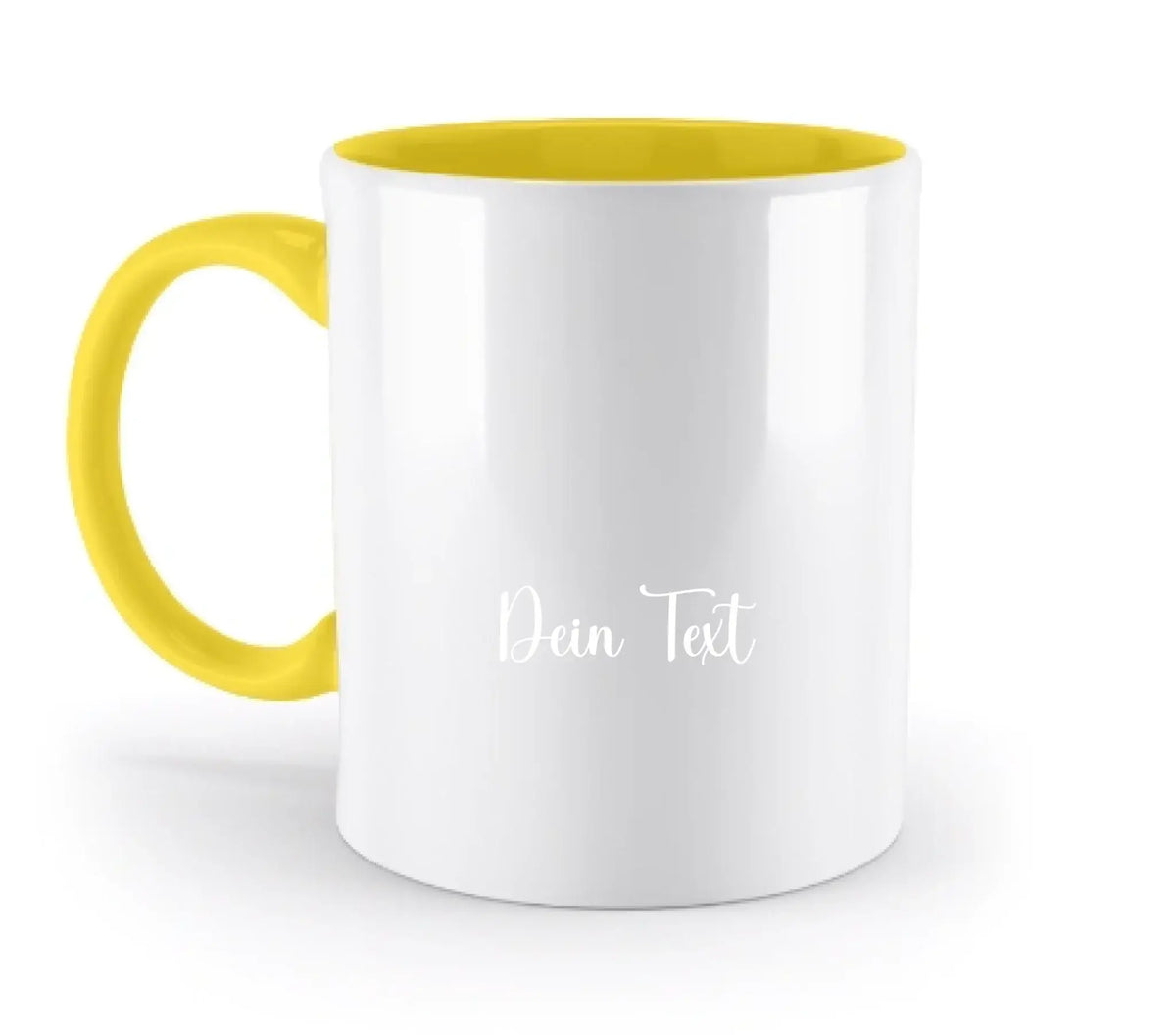 Weiße keramiktasse mit leuchtend gelbem griff und innenraum personalisiert mit dein text in weißer schrift