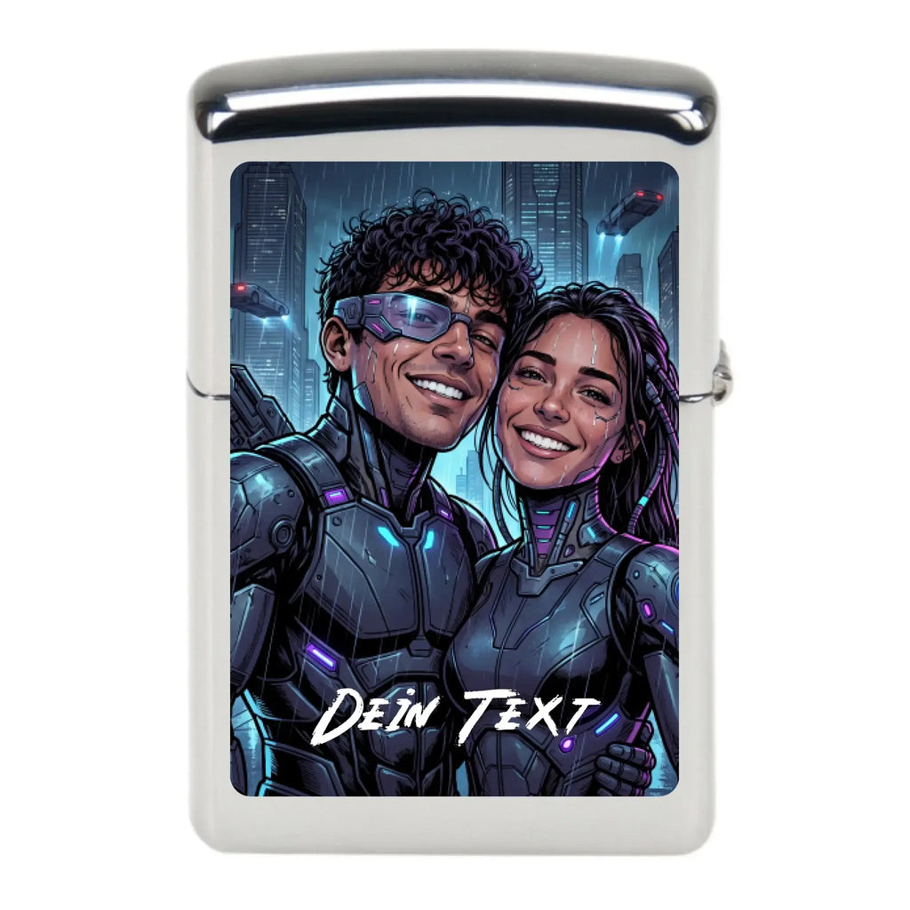 Silbernes zippo-feuerzeug mit neon-cyberpunk-design zweier lächelnder futuristischer kämpfer vor stadtkulisse