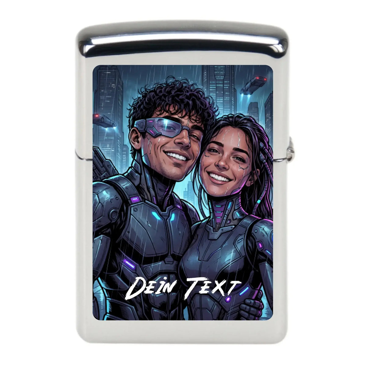 Silbernes zippo-feuerzeug mit neon-cyberpunk-design zweier lächelnder futuristischer kämpfer vor stadtkulisse