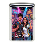 Silberner zippo feuerzeug mit buntem dartspieler design beim neon bullseye bash event personalisierbar