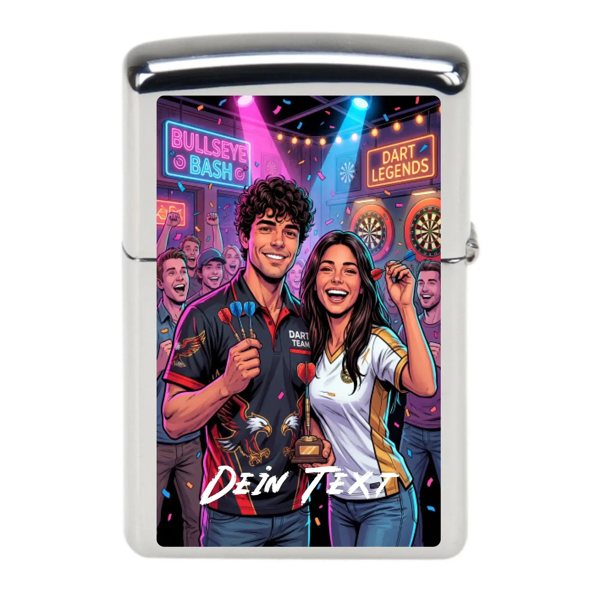 Silberner zippo feuerzeug mit buntem dartspieler design beim neon bullseye bash event personalisierbar