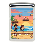Silbernes zippo feuerzeug mit pixelart design von zwei kindern am strand bei sonnenuntergang mit palmen und münzen