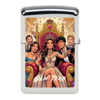 Silberner zippo feuerzeug mit bunter cartoon royal party szene in formeller kleidung personalisierbar