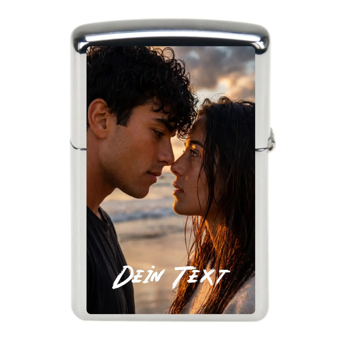 Silbernes foto-zippo feuerzeug mit sunset beach bild von zwei personen und weißem dein text im script stil
