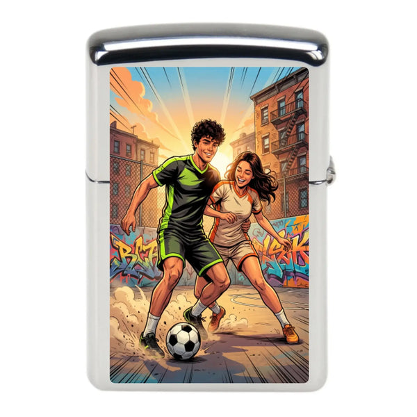 Silberner zippo feuerzeug mit buntem cartoon von fußballern auf urbanem street soccer court