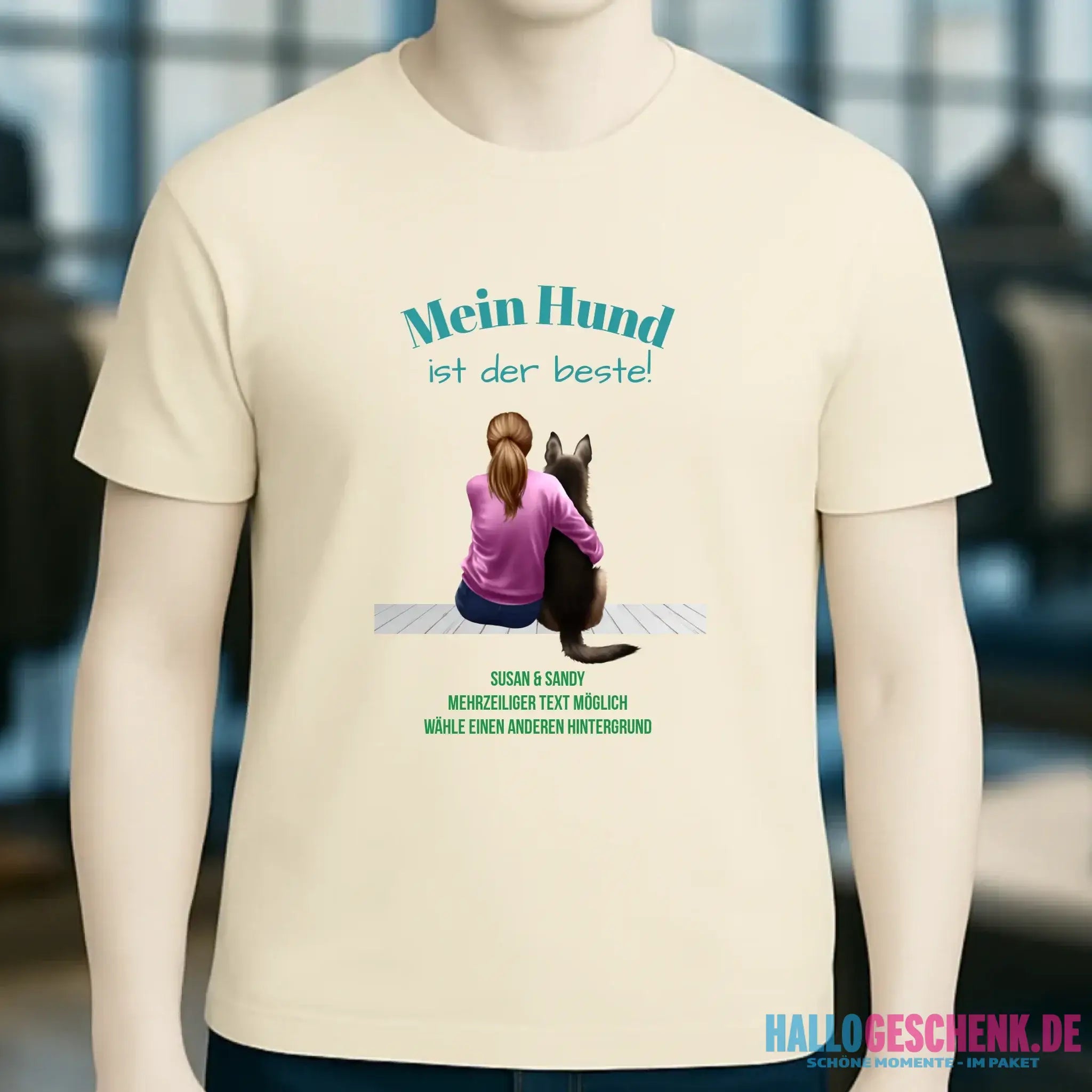 Frau mit Retriever oder Schäferhund, personalisierbar - Unisex Premium T-Shirt XS-5XL aus Bio-Baumwolle für Damen & Herren