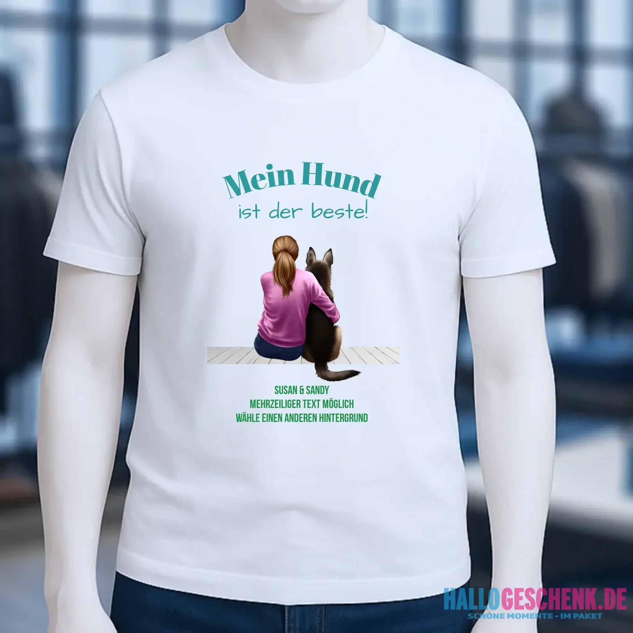 Frau mit Retriever oder Schäferhund, personalisierbar - Unisex Premium T-Shirt XS-5XL aus Bio-Baumwolle für Damen & Herren