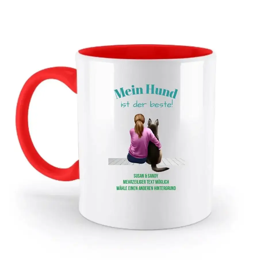 Frau mit Retriever oder Schäferhund, personalisierbar: Zweifarbige Tasse 330ml