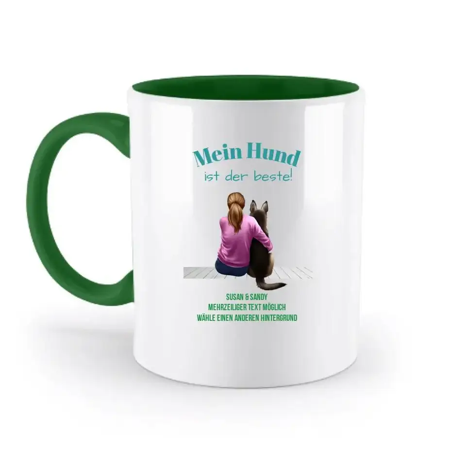 Frau mit Retriever oder Schäferhund, personalisierbar: Zweifarbige Tasse 330ml