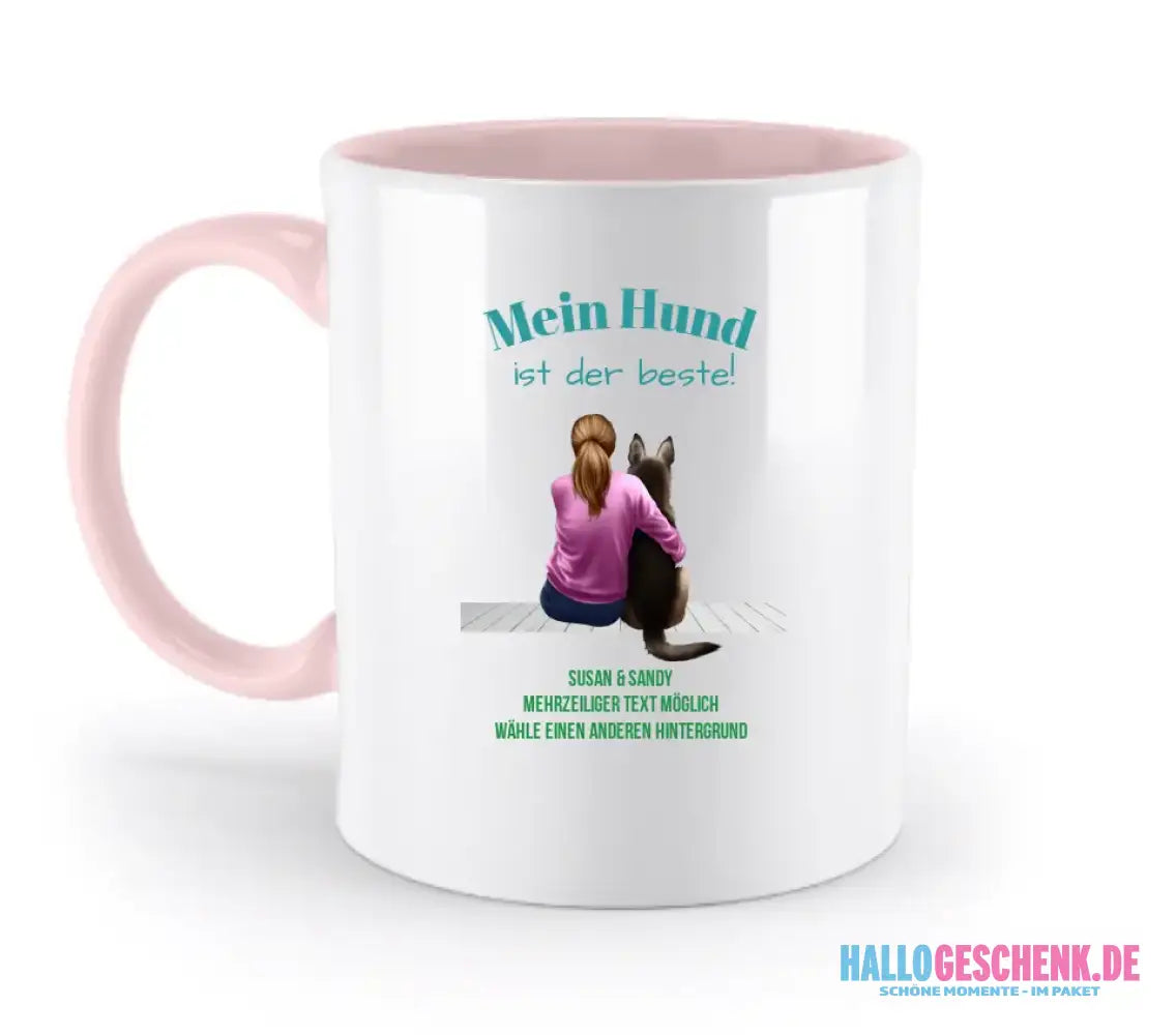 Frau mit Retriever oder Schäferhund, personalisierbar: Zweifarbige Tasse 330ml