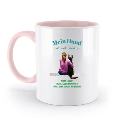 Frau mit Retriever oder Schäferhund, personalisierbar: Zweifarbige Tasse 330ml