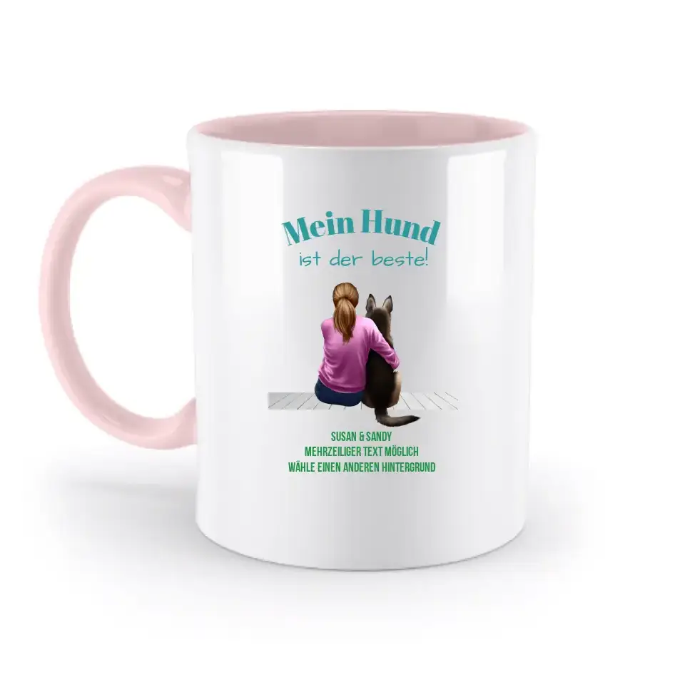 Frau mit Retriever oder Schäferhund, personalisierbar: Zweifarbige Tasse 330ml