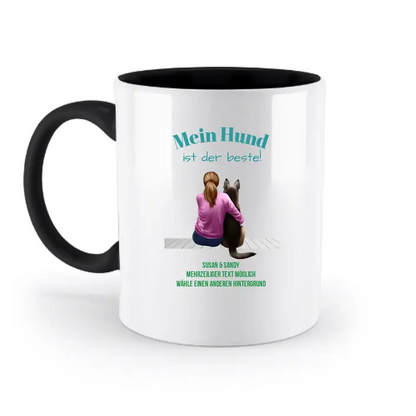 Frau mit Retriever oder Schäferhund, personalisierbar: Zweifarbige Tasse 330ml